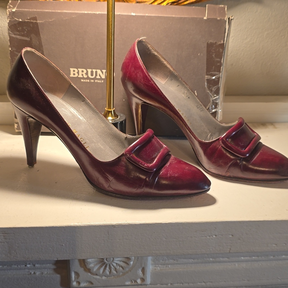 Bruno Magli Burgundy Leather Pointed Toe Pumps with Buckle Accent